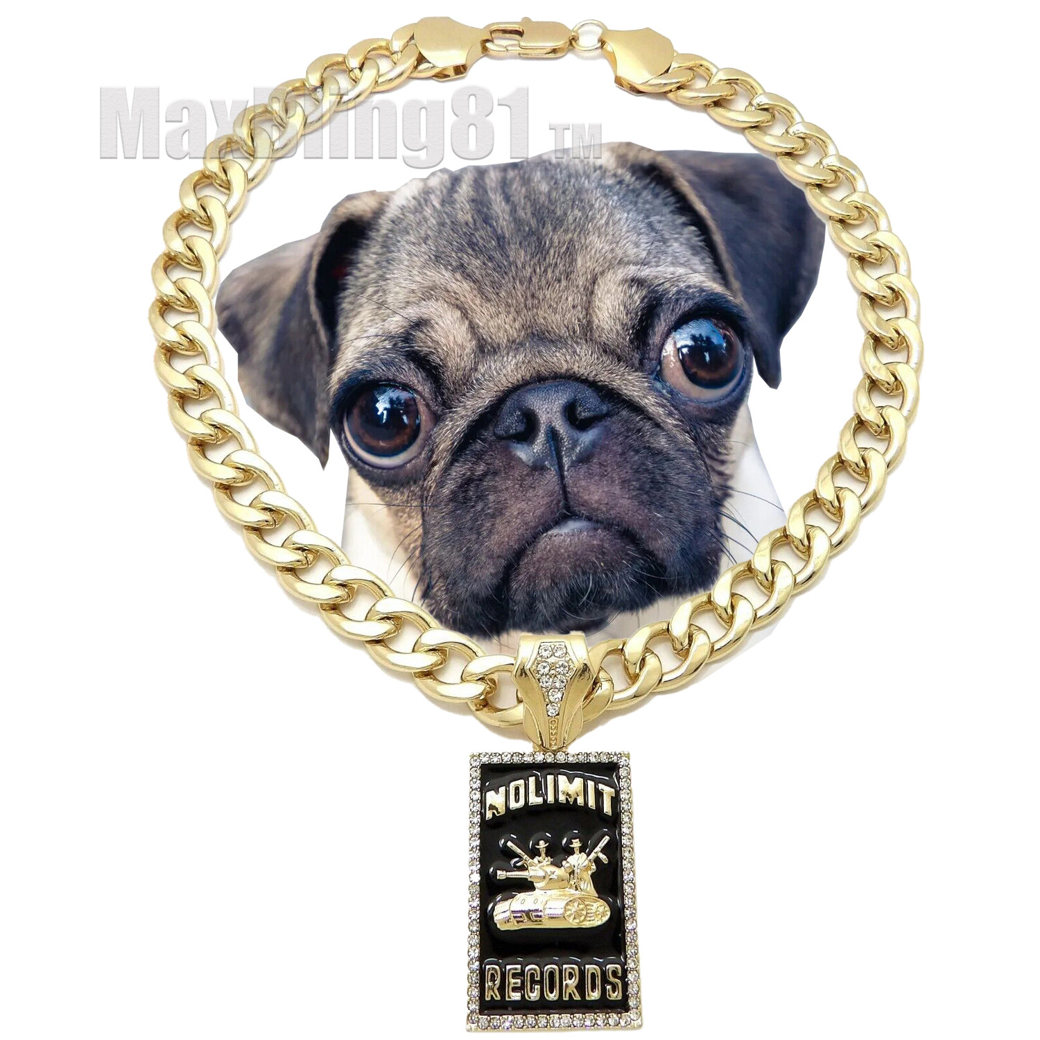 No Limit Records Charm Cuban Dog Cat Pet Puppy Gold Plated Collar Chain Necklace