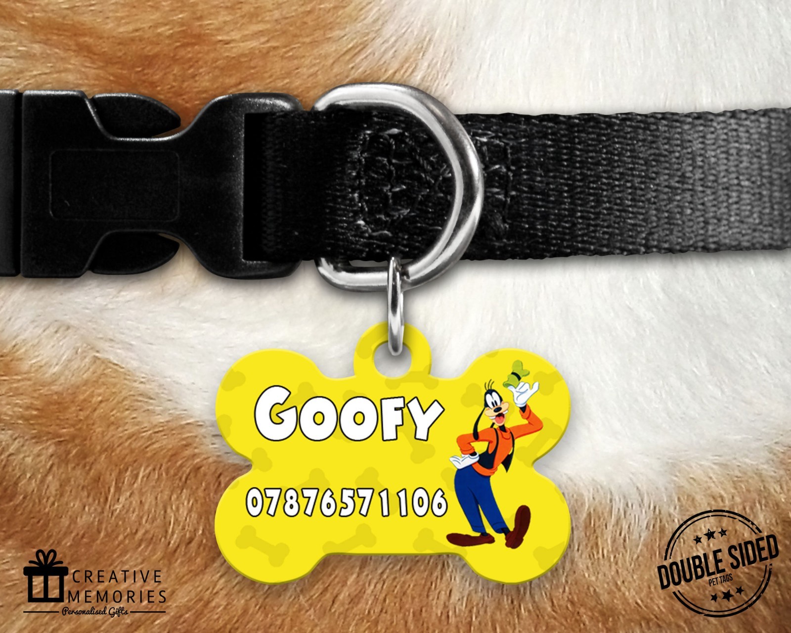 Dog Tag – Pet Tag – ID Tag – Personalised – Bone Tag – Goofy Dog ID Tag