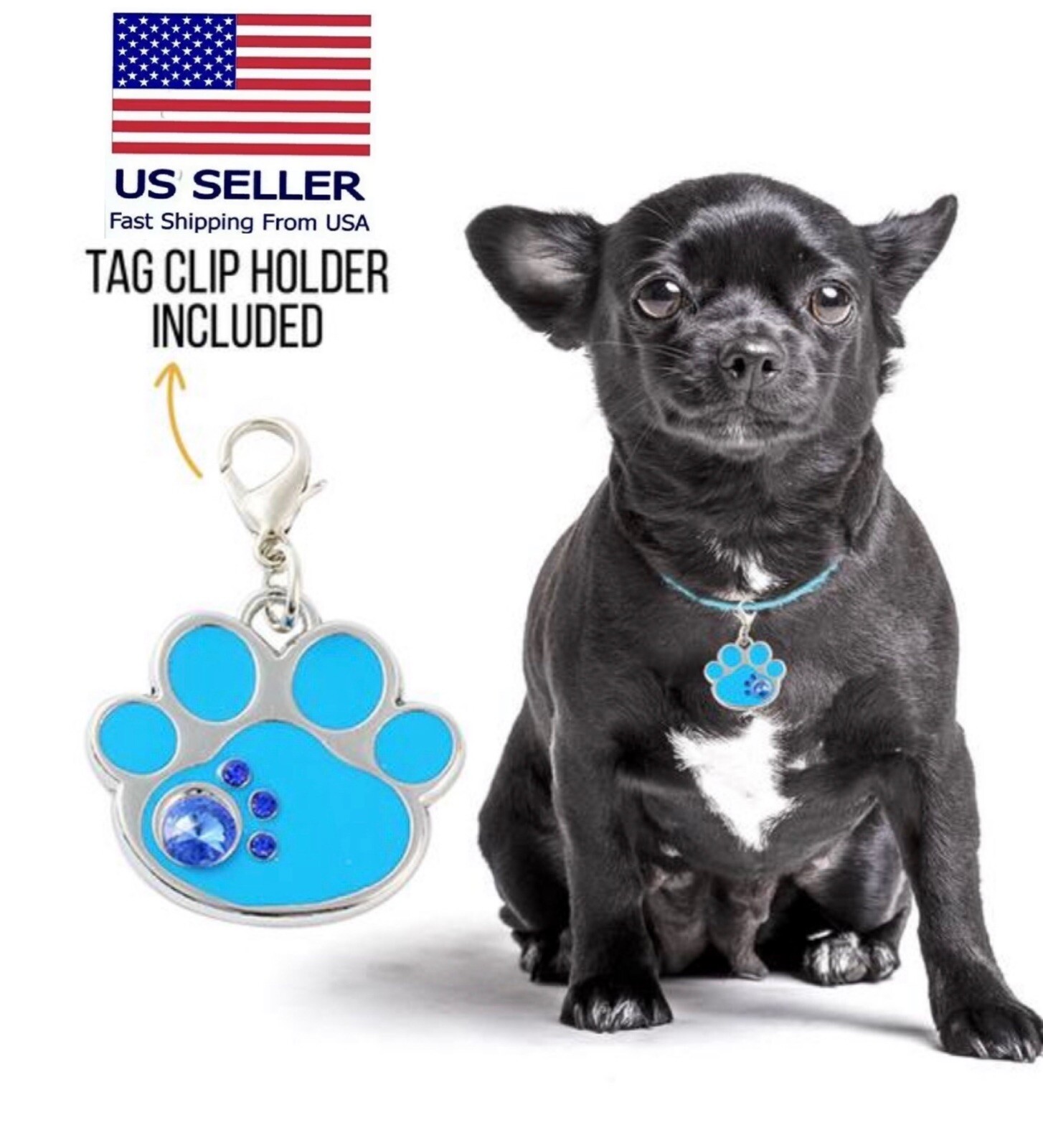 Custom Paw Print Crystals Tag Puppy Dog Engraved Bling Cute Pet ID Sparkling cat