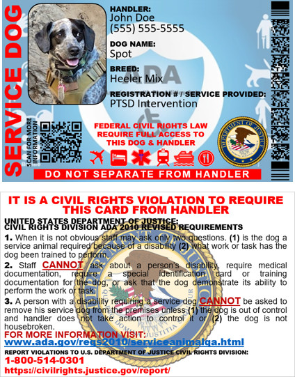 ADA SERVICE DOG ID CARD DUAL SIDED CUSTOMIZABLE PHYSICAL & DIGITAL CARD