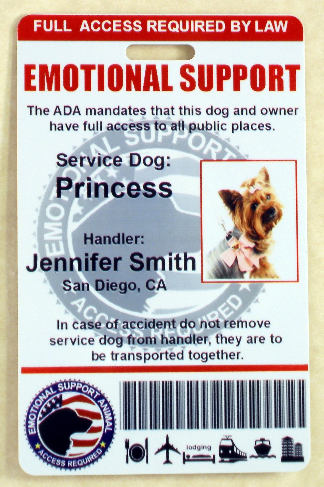 EMOTIONAL SUPPORT ANIMAL (ESA) ID BADGE SERVICE DOG ID CARD 0ES