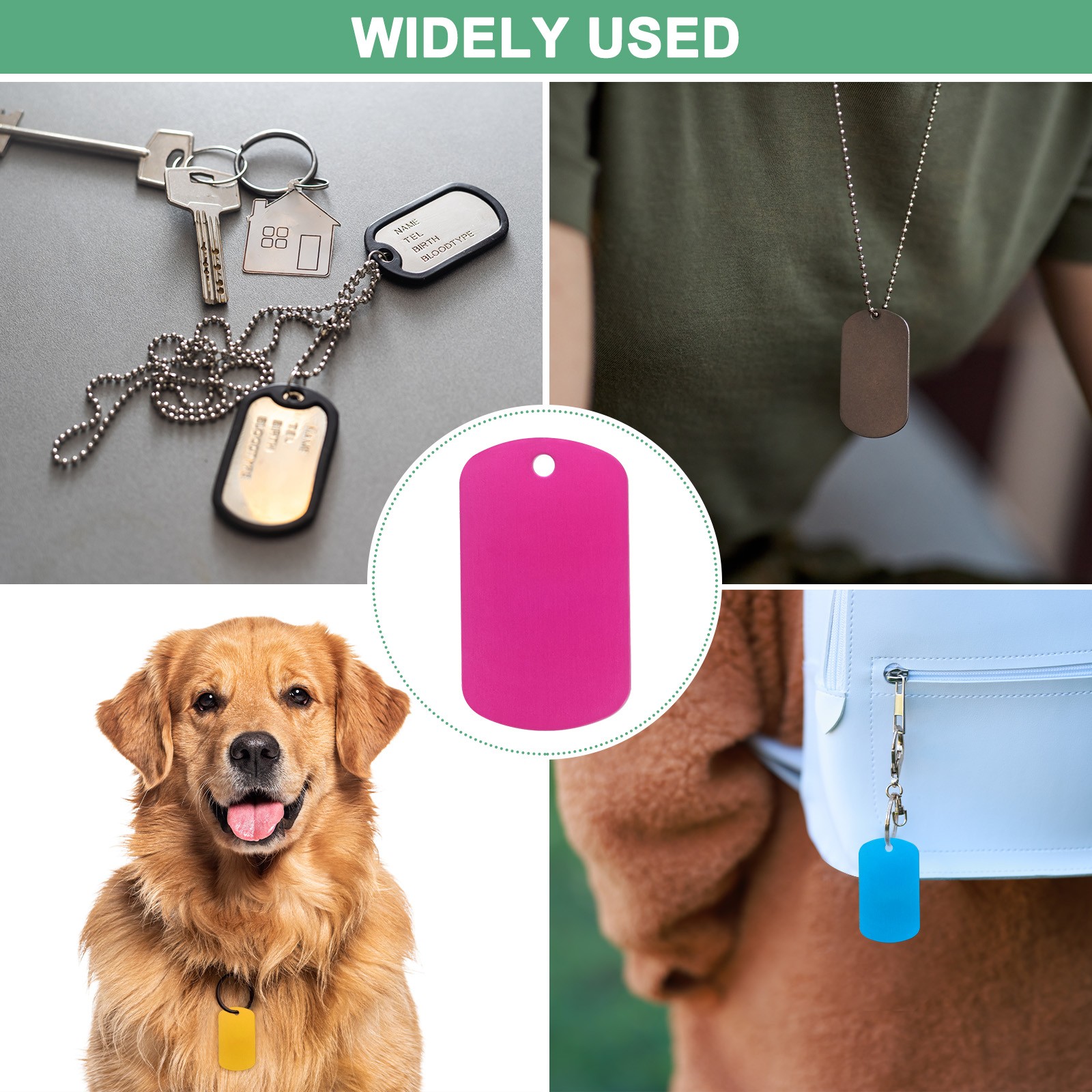 10-Pack 2″ x 1.18″ x 0.04″( L x W x T ) Blank Dog Tags [Rose Red, 1 Hole]
