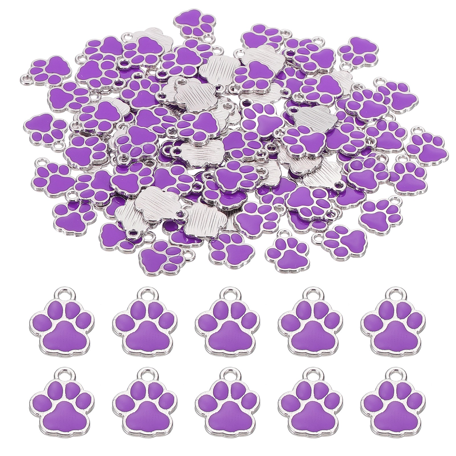 Enamel Paw Print Charm, 100Pcs Alloy Enamel Pendants , Purple/silver