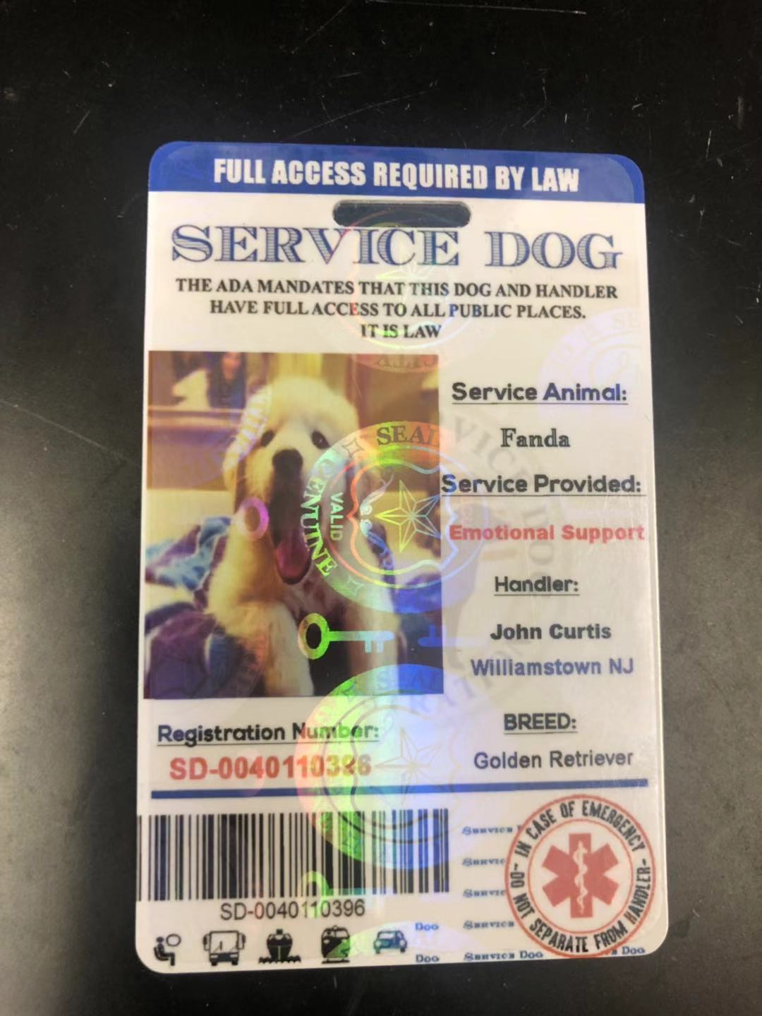 ADA Service Dog Card ID Badge Assistance Animal Badge ESA Holographic Charity