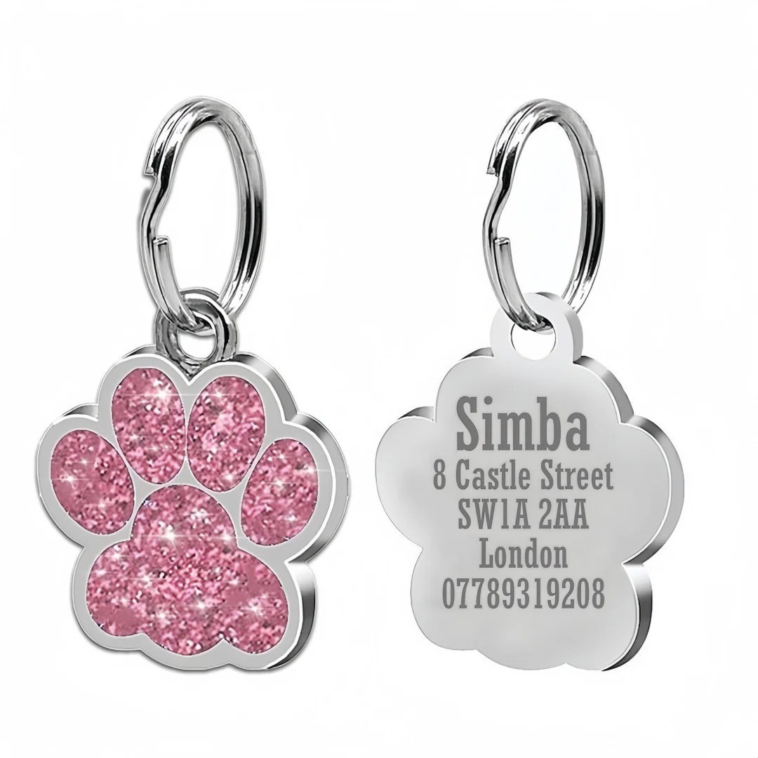 Personalized Paw Glitter Dog Tags Engraved Cat Puppy Pet ID Name Collar Tag New