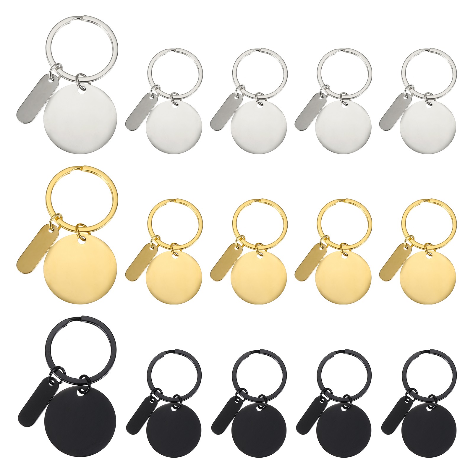 15Pcs Metal Engraving Keychain Blanks, Gold Tone/Silver Tone/Black(Round)