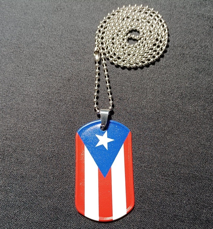 Puerto Rican Flag Dog Tag & 30″ Stainless Steel Military Ball Bead Dog Tag Chain