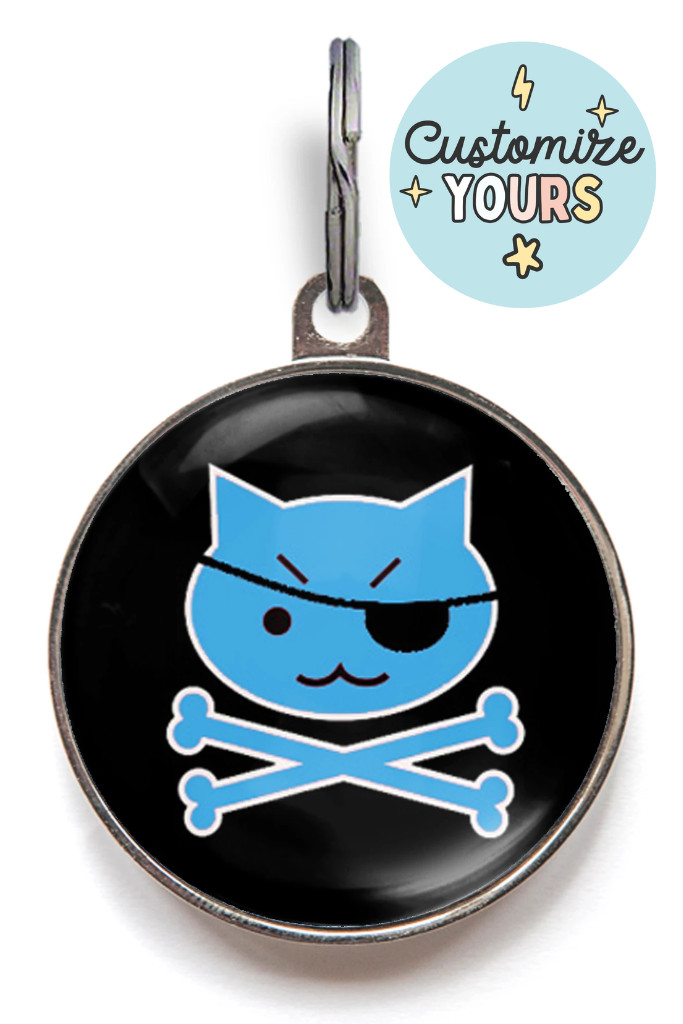 Blue Pirate Cat Pet ID Tag – Custom Back – Funny Tag for Cats – Waterproof