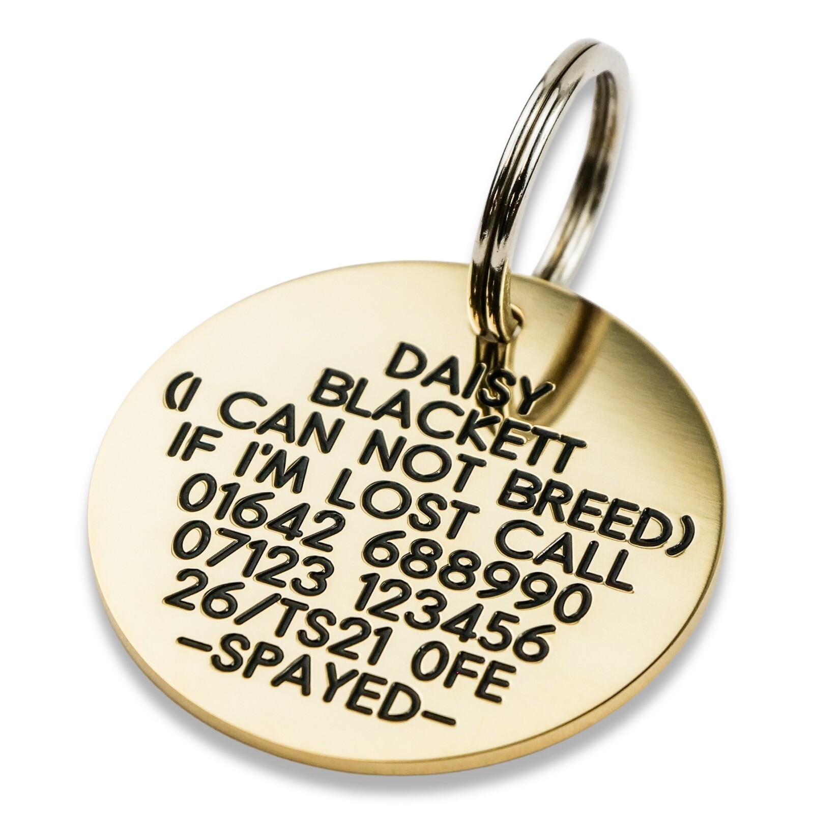 Deeply engraved solid brass dog tag, 39mm disc. Up to 10 lines on each side