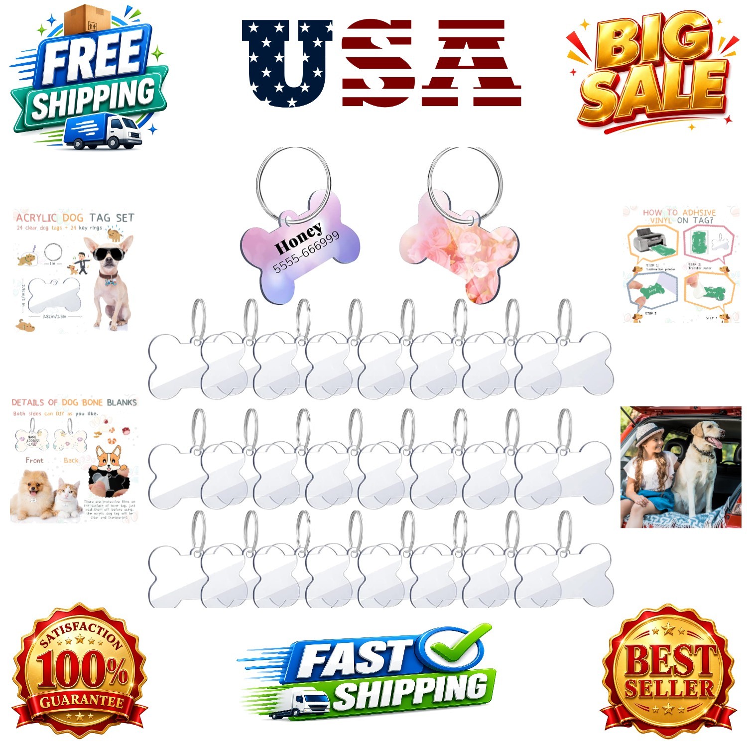 24 Pcs Blank Acrylic Dog Tag 1.49 x 1 Inch Double Dise Bone Shap ID Tags with…