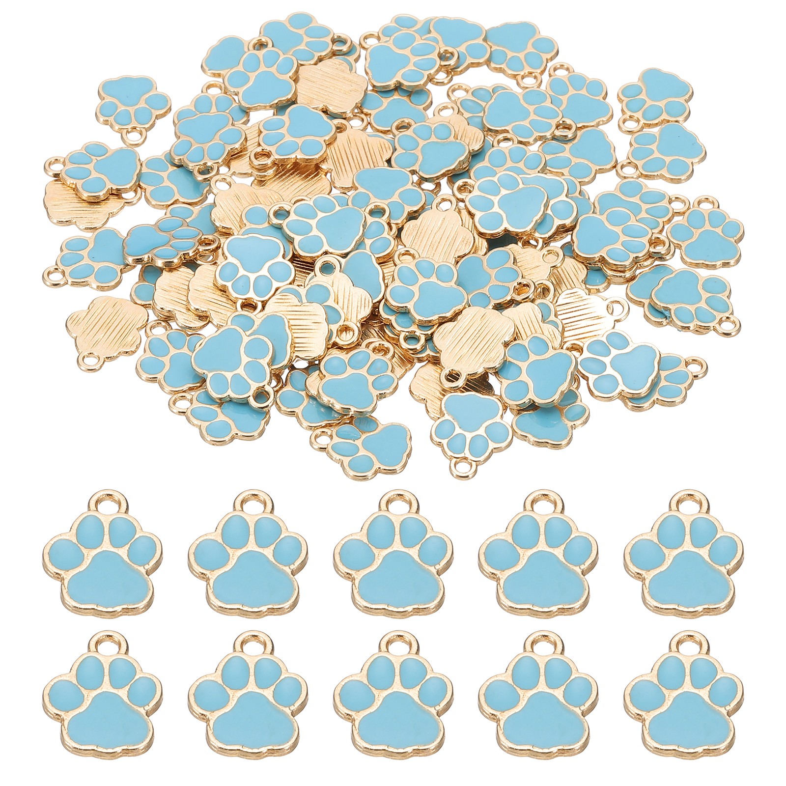 Enamel Paw Print Charm, 100Pcs Alloy Enamel Pendants , Lake Blue/Gold