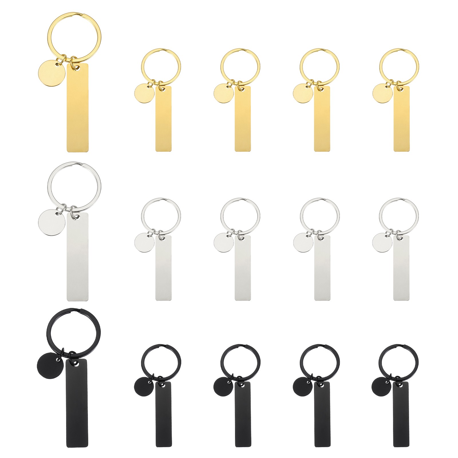 15Pcs Metal Engraving Keychain Blanks, Gold Tone/Silver Tone/Black(Rectangular)