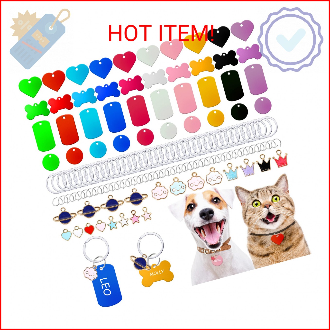 140pcs Pet ID Tag Set with 40pcs Colourful Blank Dog Tags Double Sided Aluminum