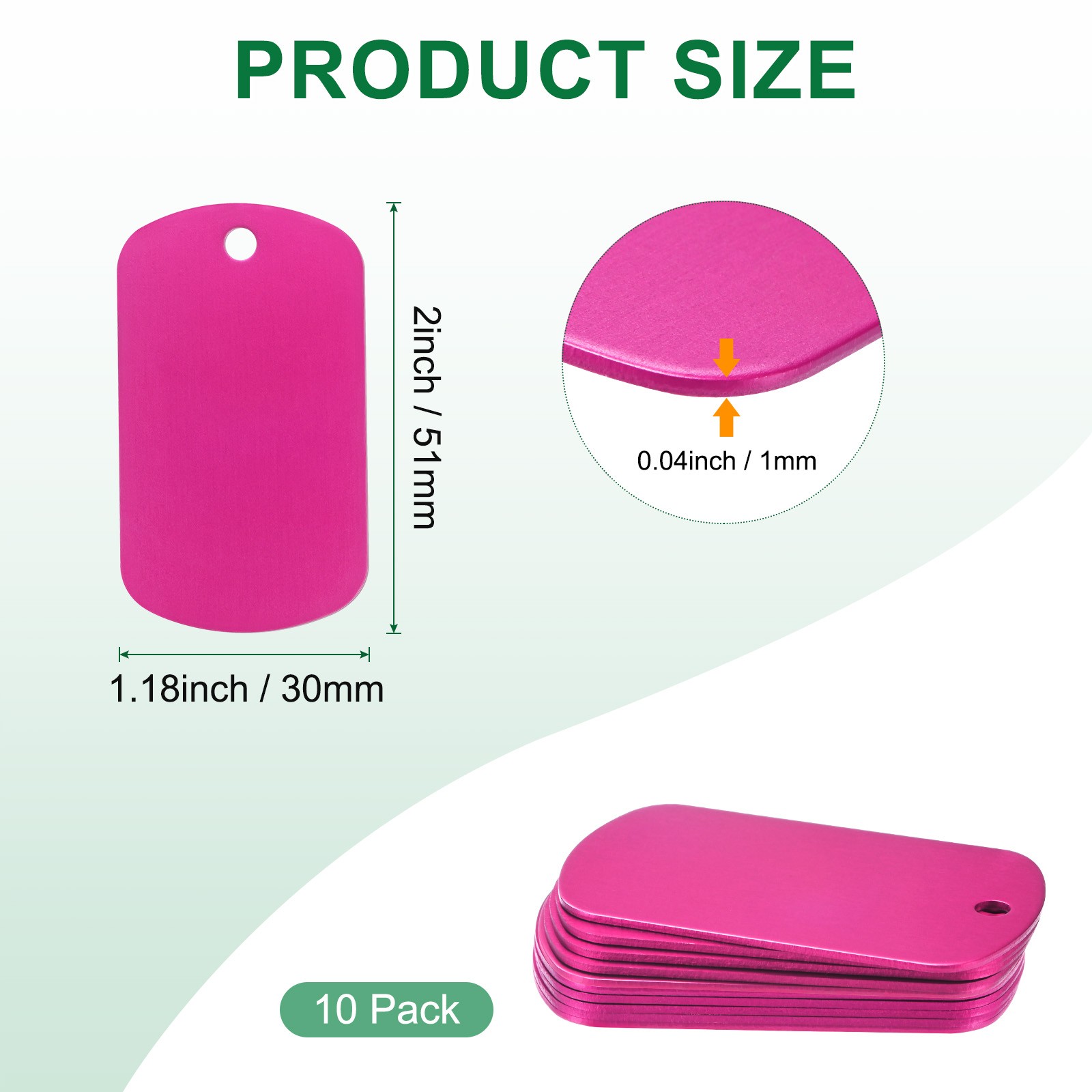 10-Pack 2″ x 1.18″ x 0.04″( L x W x T ) Blank Dog Tags [Rose Red, 1 Hole]