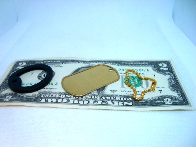 BRASS Military Style Dog Tag Yellow Brass 4.5″ in. Gold Chain + Black Silencer