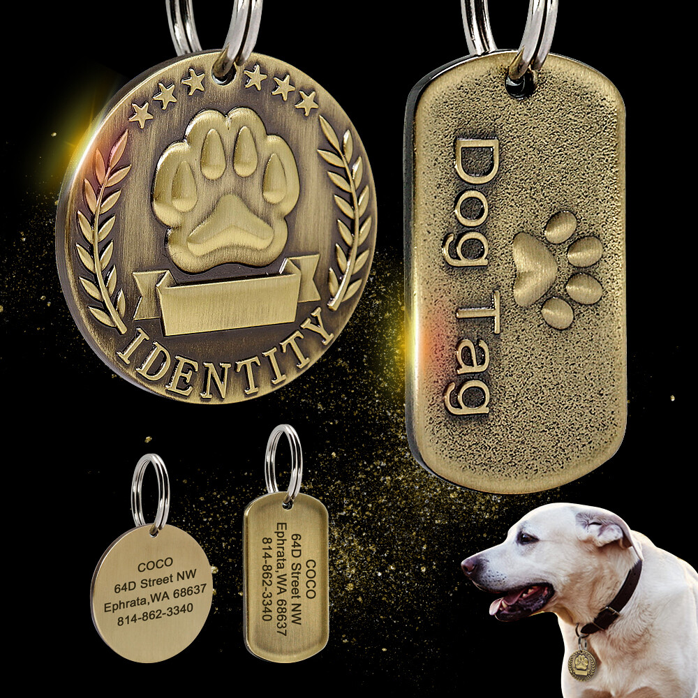 BRASS DOG TAGS MILITARY PERSONALIZED CUSTOM PET NAME ID ENGRAVED FOR COLLAR