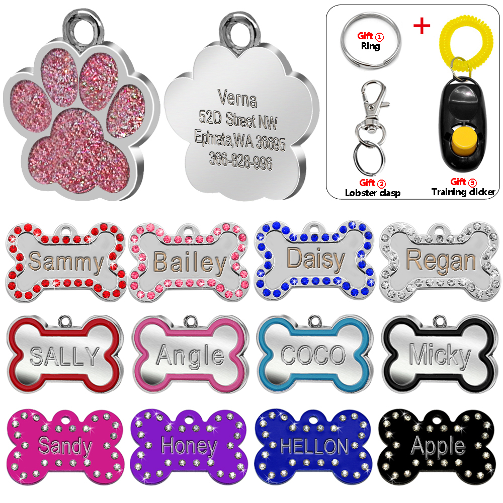 Personalized Dog Tags Engraved Cat Puppy Pet ID Name Collar Tag Bone/Paw Glitter
