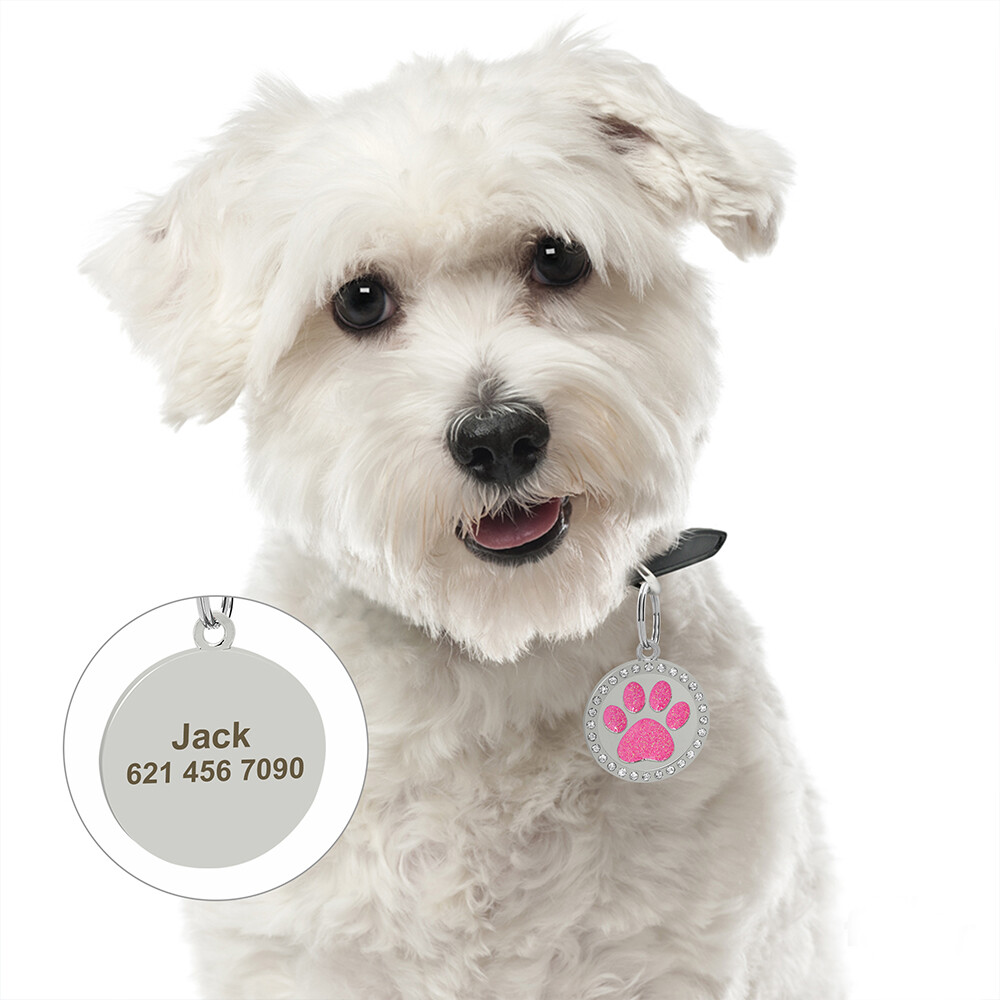 Paw Cat Dog Tags Personalized Custom Pet Name ID Engraved Rhinestone Bling Tag