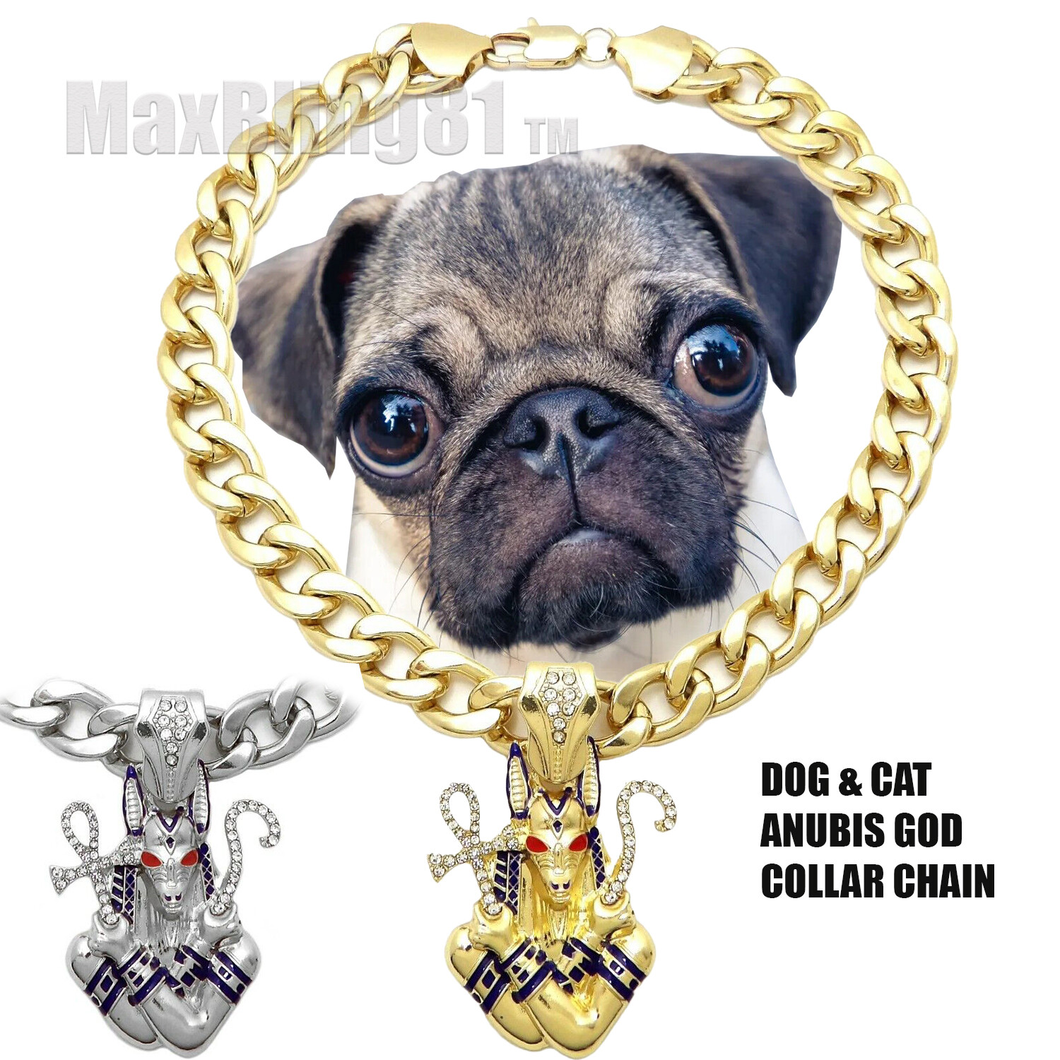 Anubis God Charm Cuban Dog Cat Pet Puppy Silver Plated Collar Chain Necklace