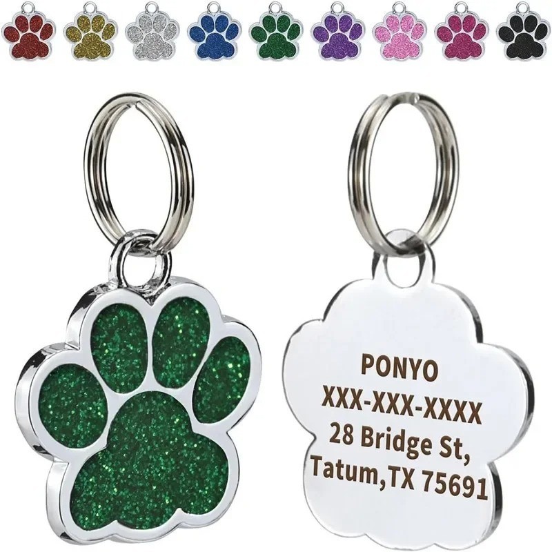 Personalized Paw Glitter Dog Tags Engraved Cat Puppy Pet ID Name Collar Tag New
