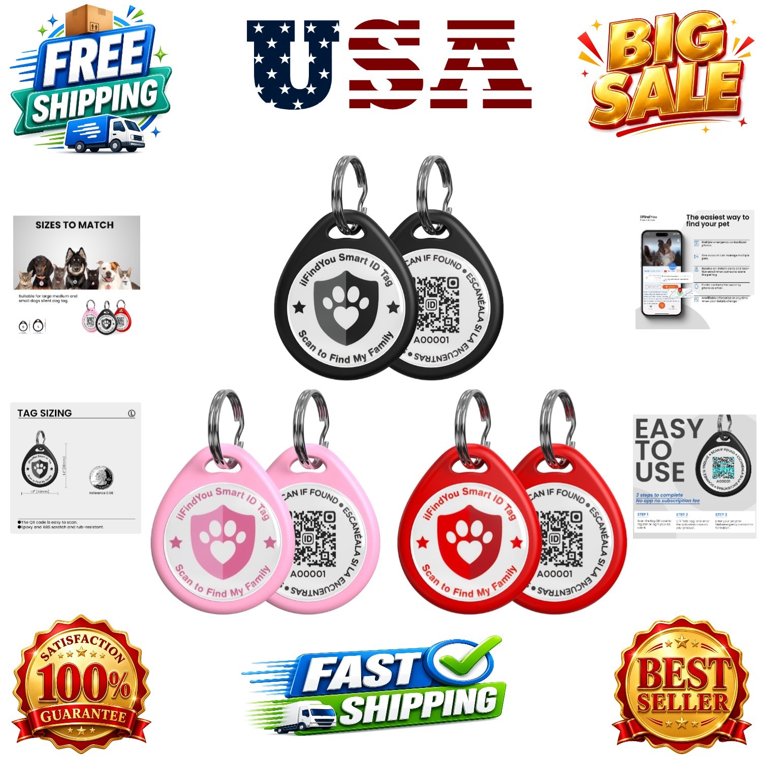 3 Pack Dog Tags Personalized, QR Code Pet ID Tags for Dog Collar, Online Prof…