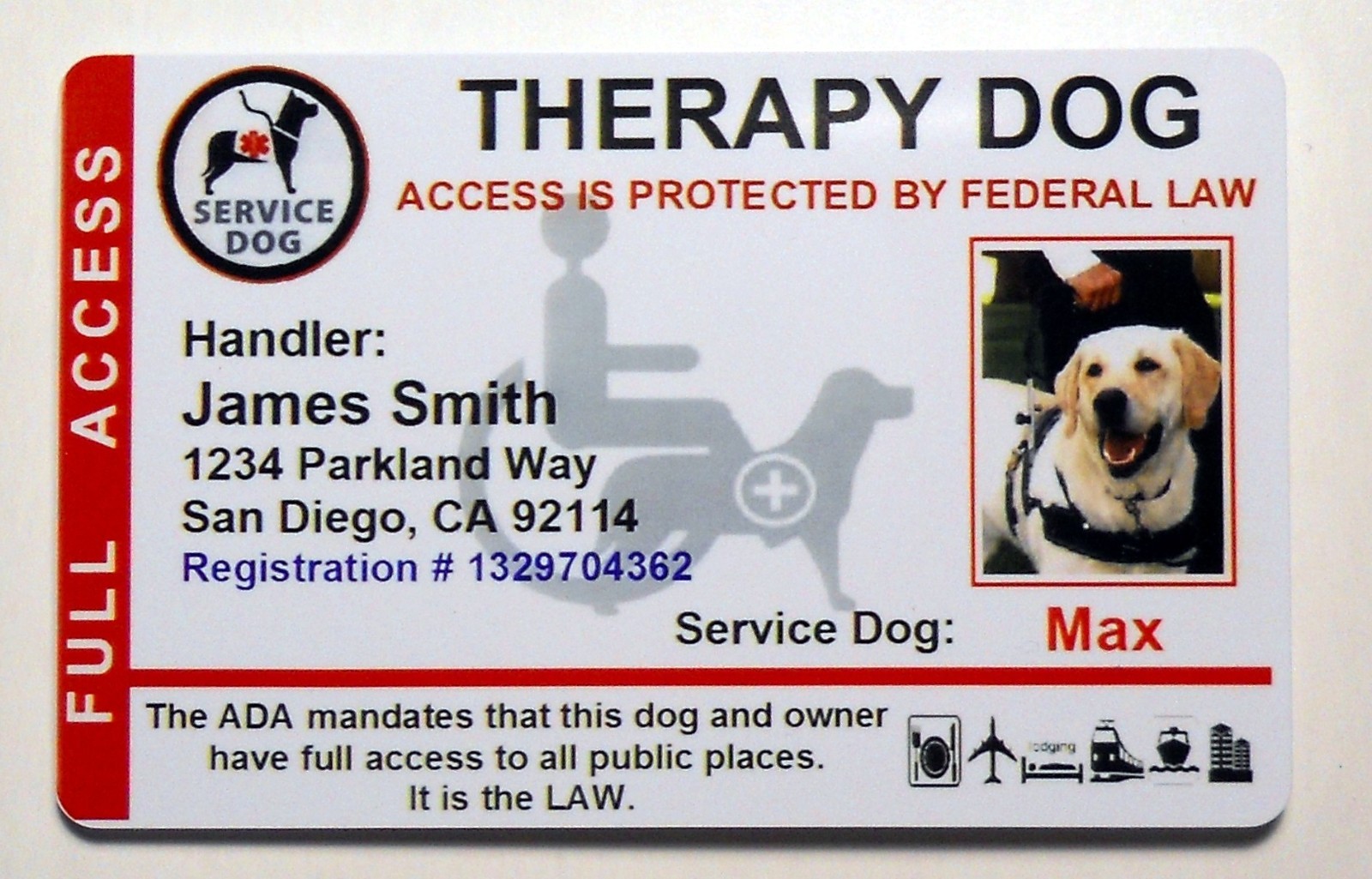 THERAPY SUPPORT DOG ID CARD SERVICE DOG ID BADGE ESA ADA RATED 8THERP8