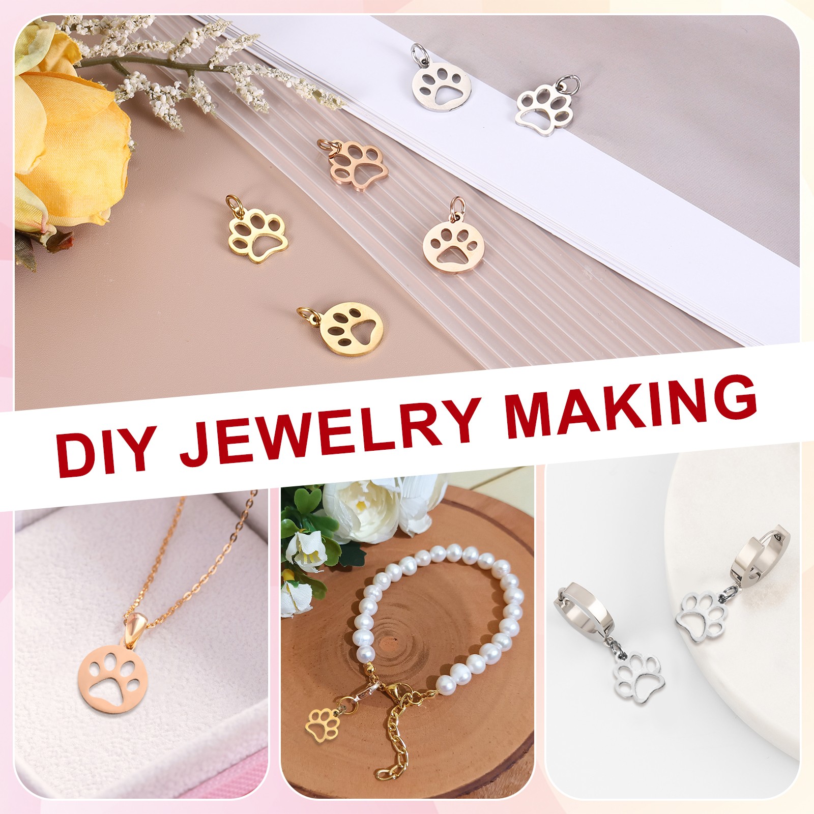 Dog Paw Print Charms Set 3mm, 20 Pcs Cat Dog Paw Pendant, Gold