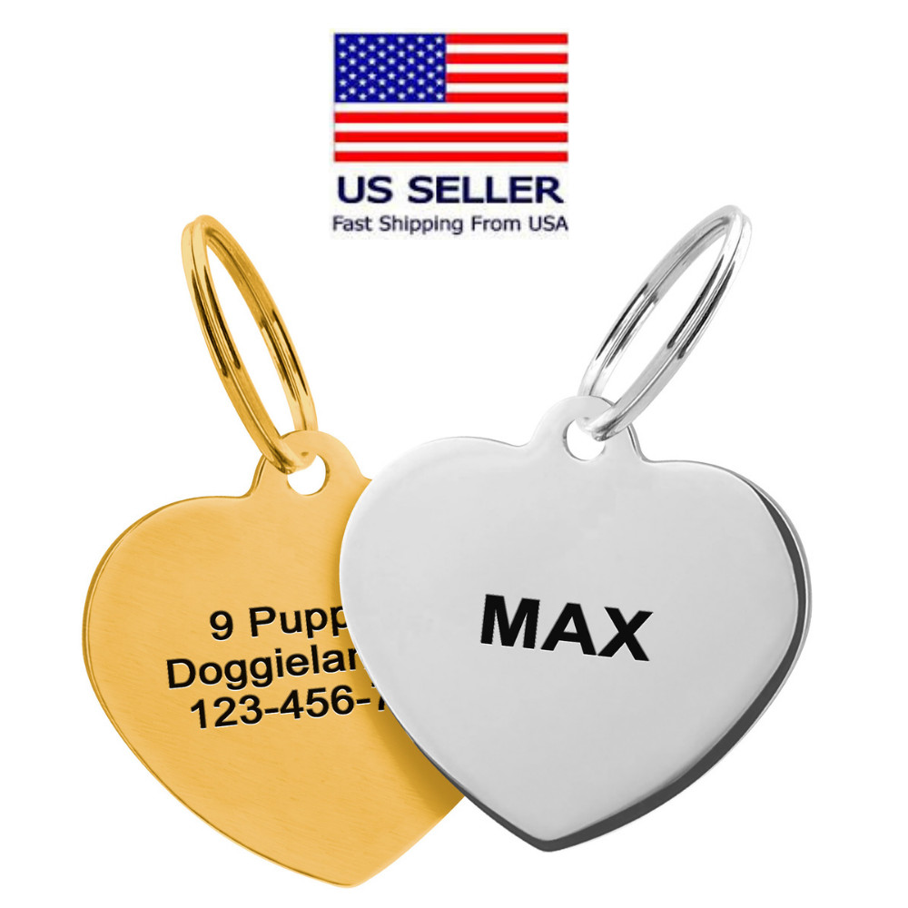 Custom Heart Shape Pet Tag ID Personalized Stainless Steel Cute Shiny Bling