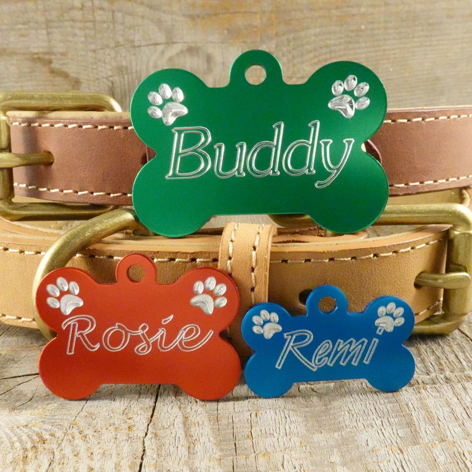 CUSTOM PET ID DOG TAGS, BONE SHAPE, DIAMOND ENGRAVED WITH PAWS, DETAILS ON BACK