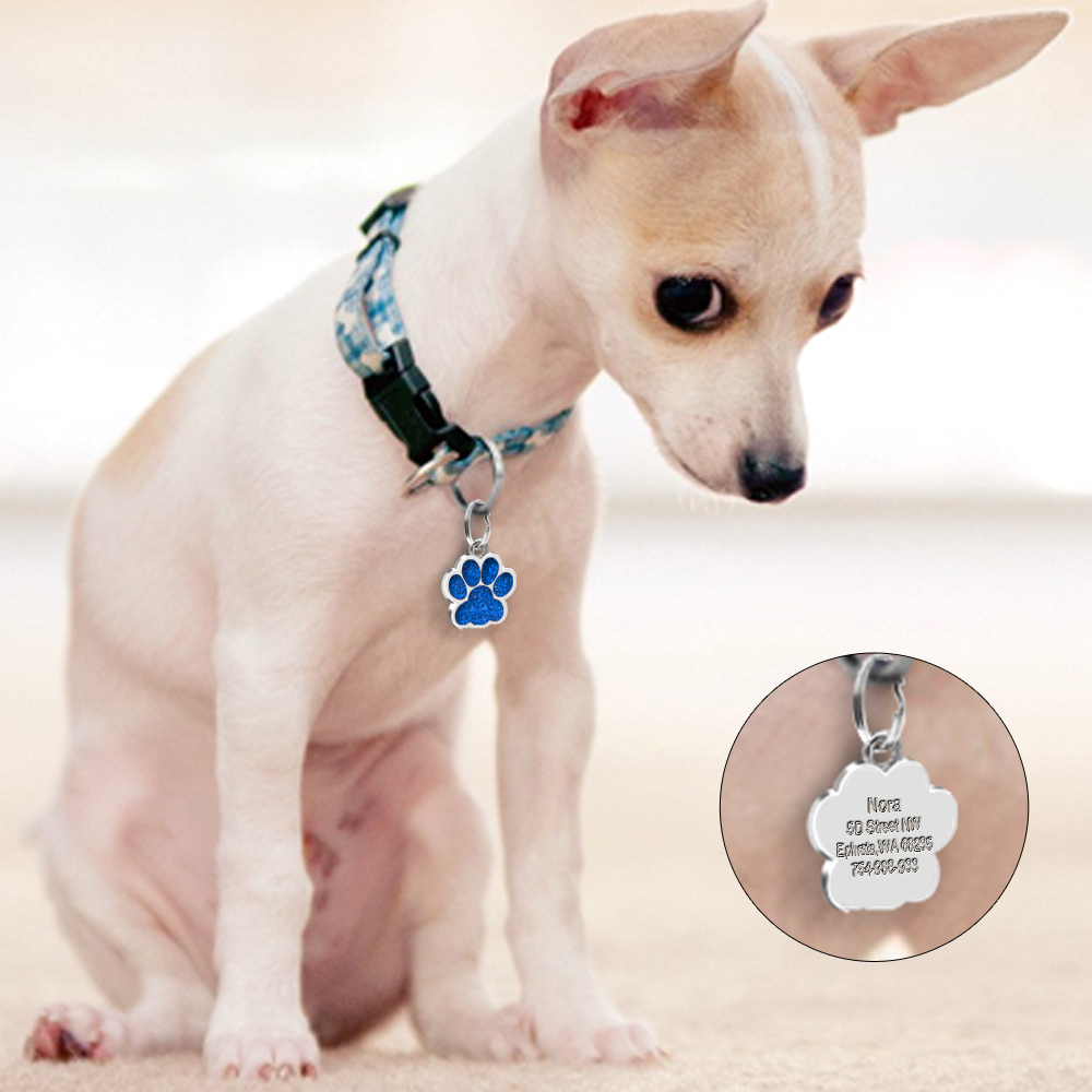 Personalized Dog Tags Engraved Cat Puppy Pet ID Name Collar Tag Bone/Paw Glitter