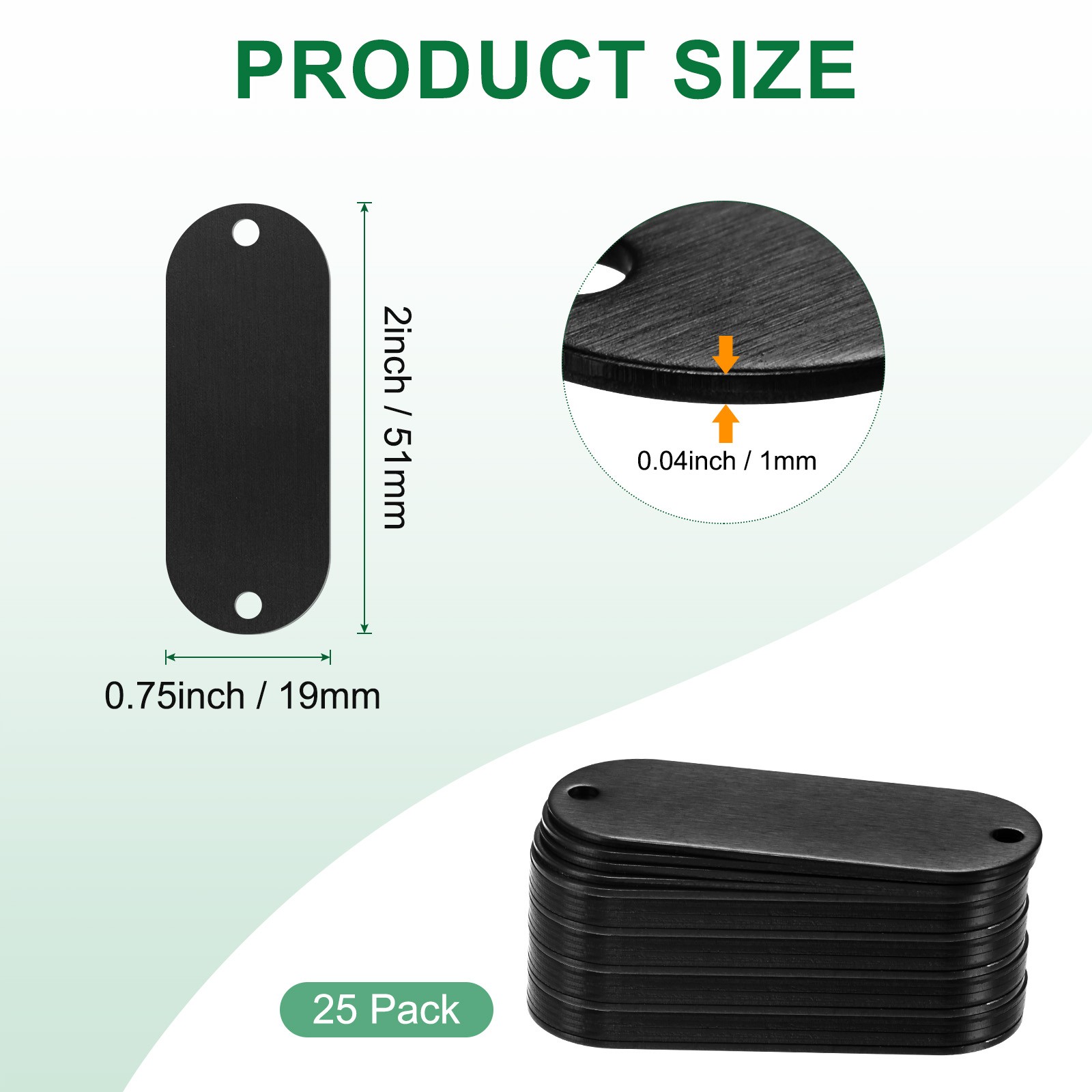 25-Pack 2″ x 0.75″ x 0.04″( L x W x T ) Blank Dog Tags [Black, 2 Holes]