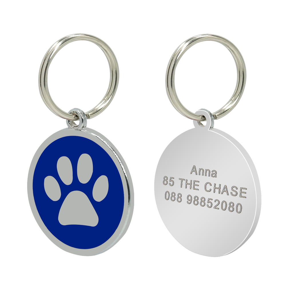 Round Personalized Pet Dog ID Tags Paw Print Disc Single Side Engraved Free Tag