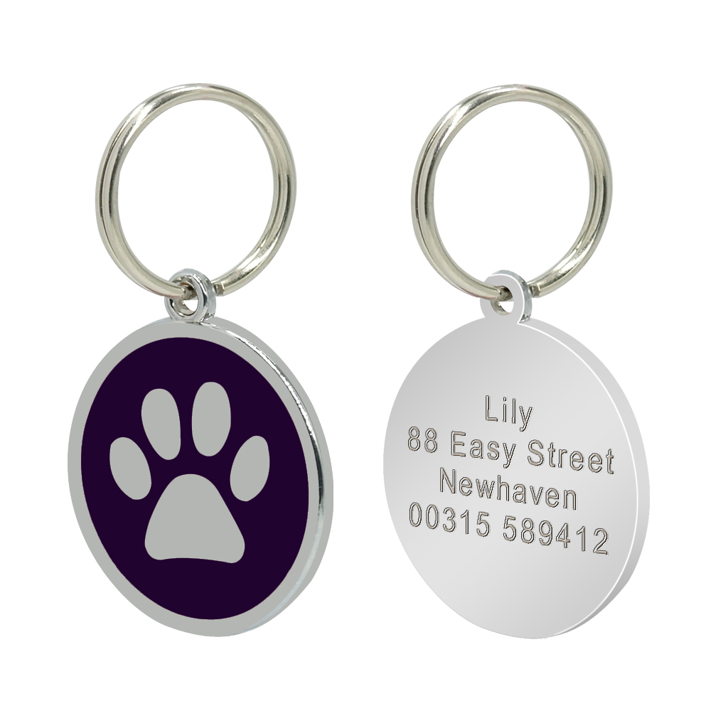 Round Personalized Pet Dog ID Tags Paw Print Disc Single Side Engraved Free Tag