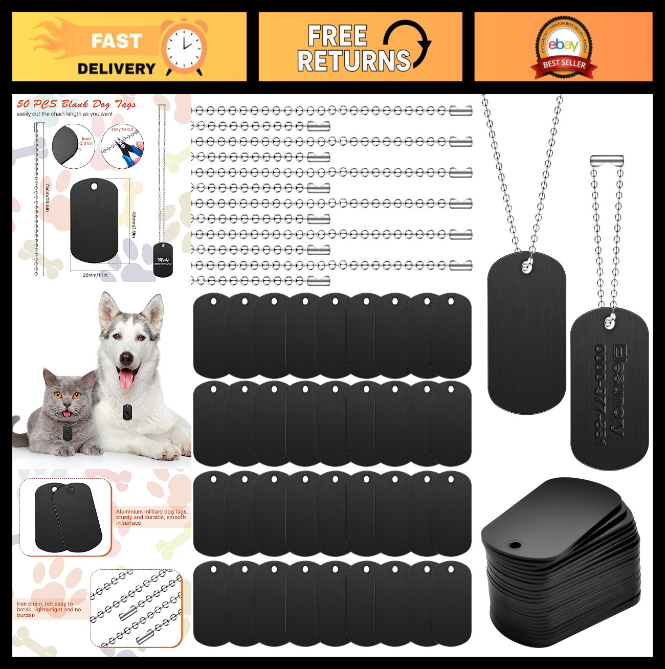 100Pcs Military Dog Tags Set – 50 Aluminum Blank Tags & 50 Iron Chains, Personal