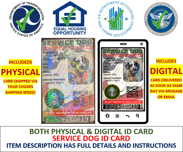SERVICE DOG ID CARD HOLOGRAPHIC ARMY MILITARY VETERANS 2 SIDED PHYSICAL&DIGITAL
