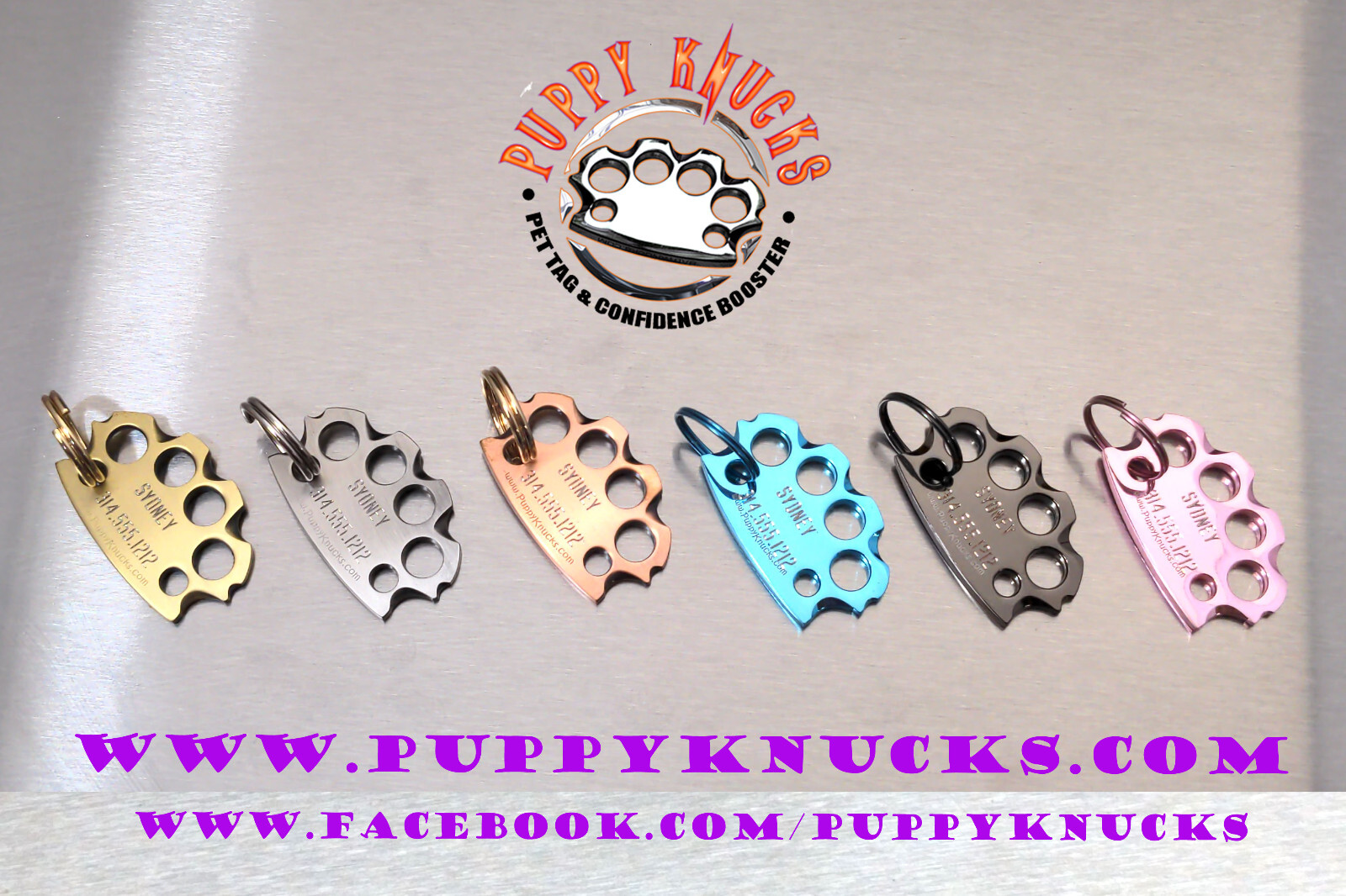 PUPPYKNUCKS Custom Engraved Brass Knuckles dog pet ID tag, 6 Finishes