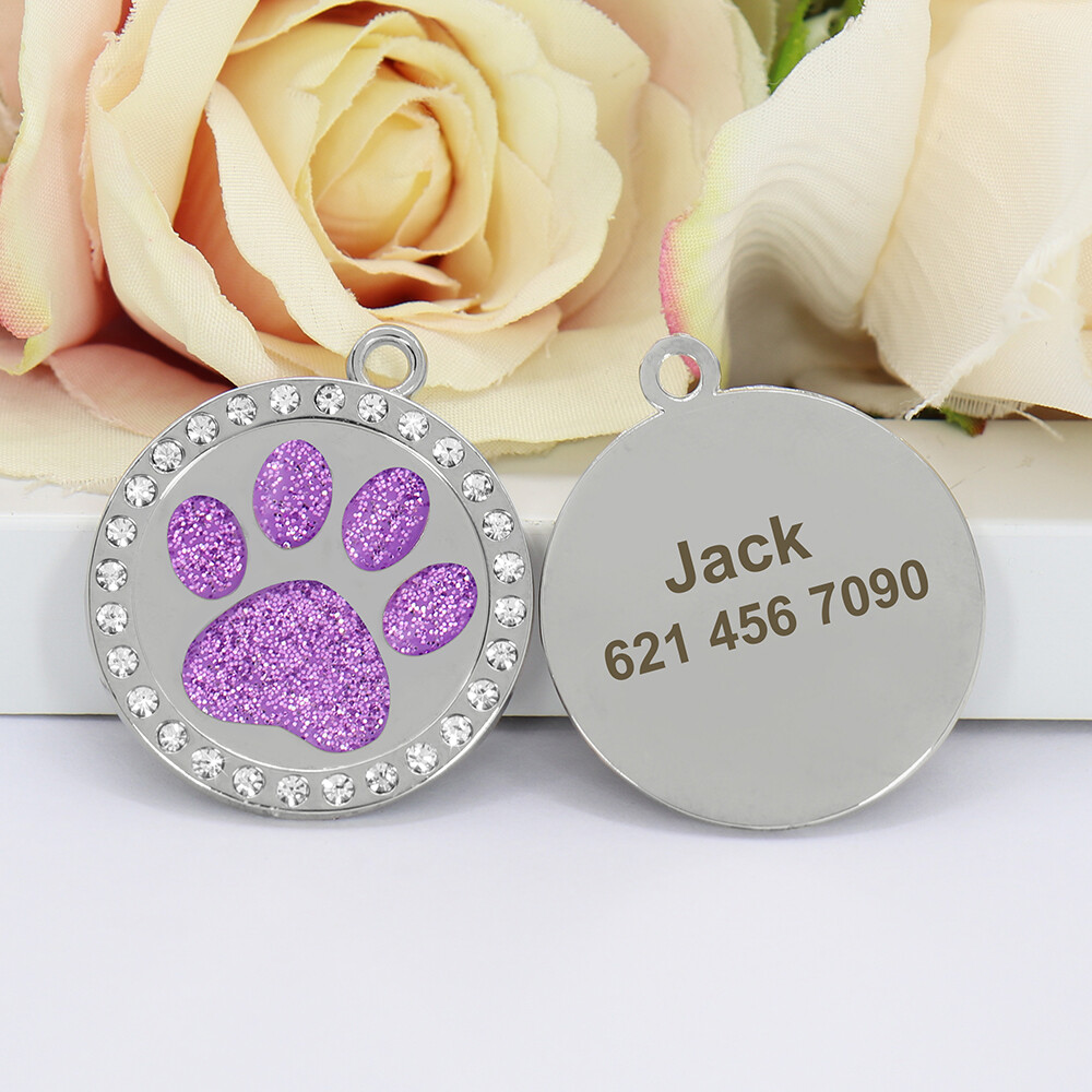 Paw Cat Dog Tags Personalized Custom Pet Name ID Engraved Rhinestone Bling Tag