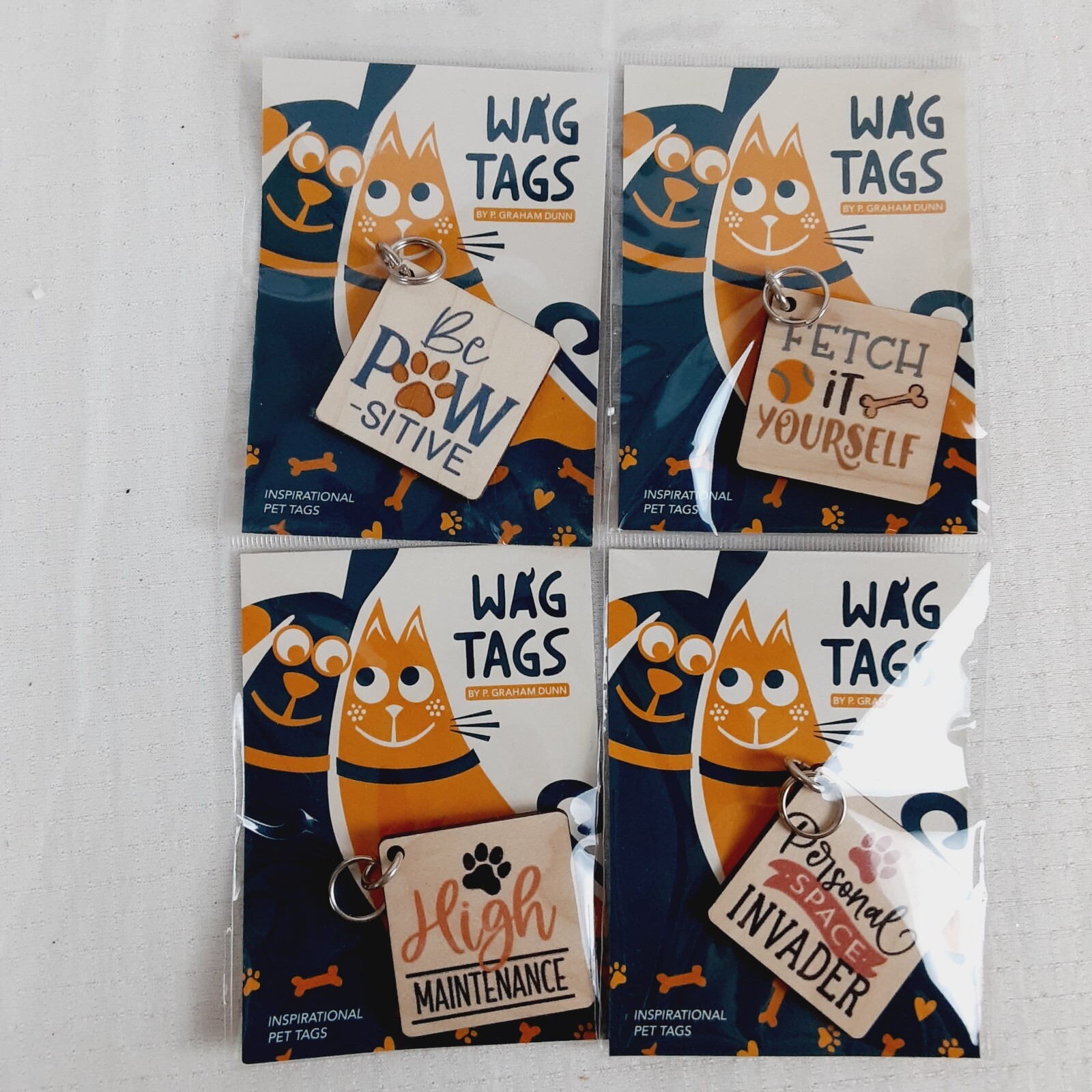 P Graham Dunn WAG TAGS Pet Collar Charms Wooden Square 1.5″ Assorted Set of 4