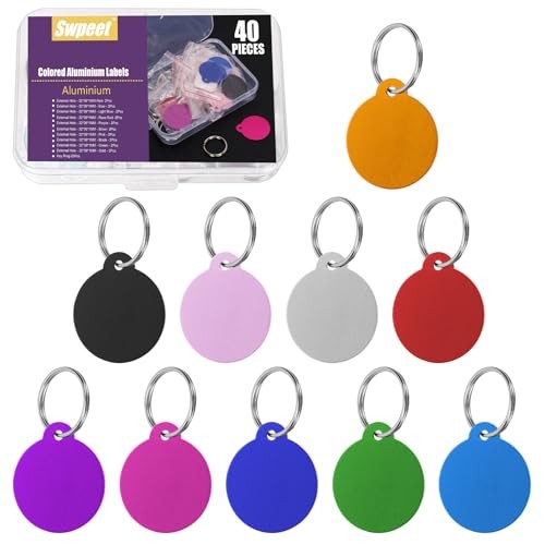 40Pcs 10 Colors 1.4″ x 1.2″ Round Aluminum Blank Tags with Key Ring OutCircle