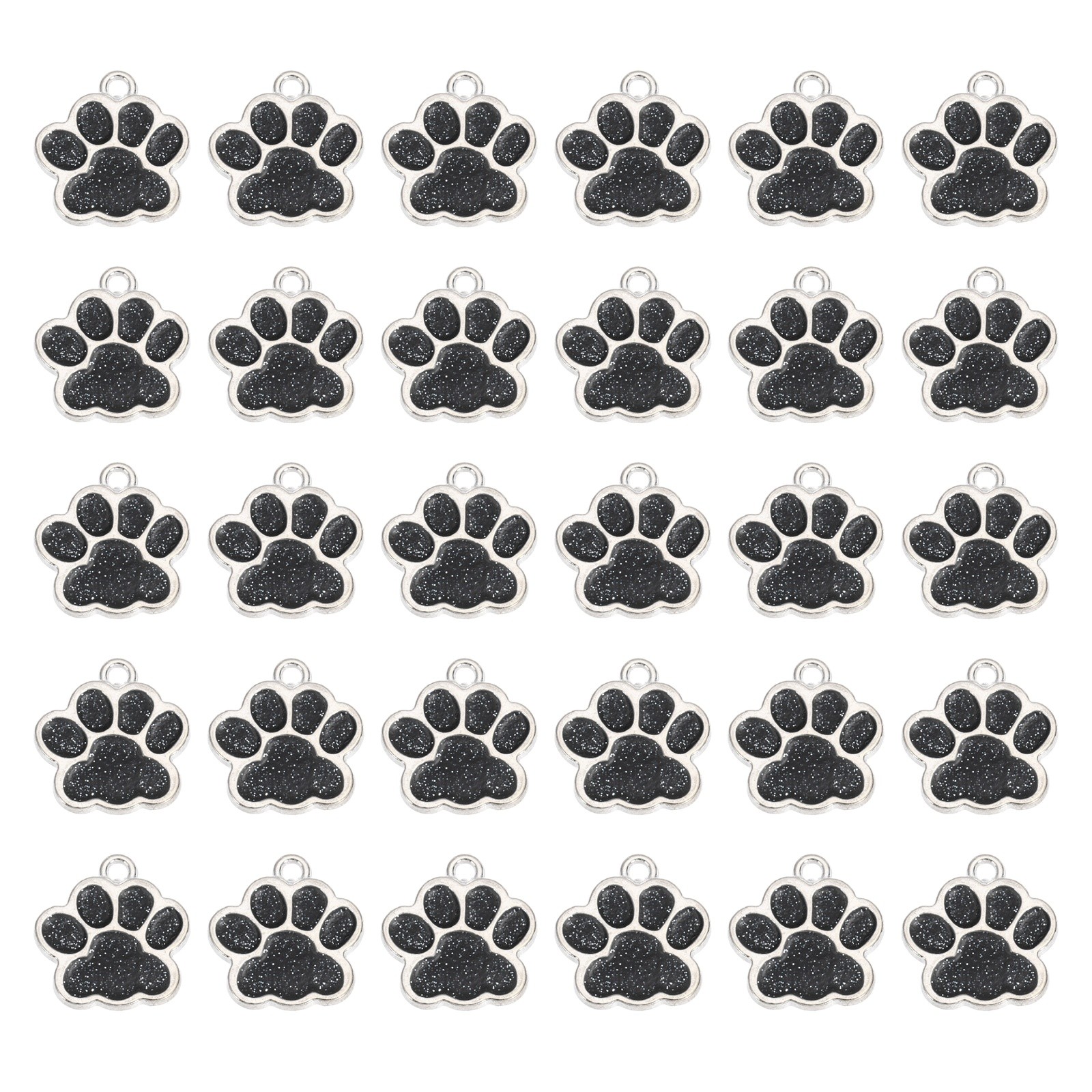 Enamel Paw Print Charms with Glitter Powder, 50Pcs(Silver Tone/Black)