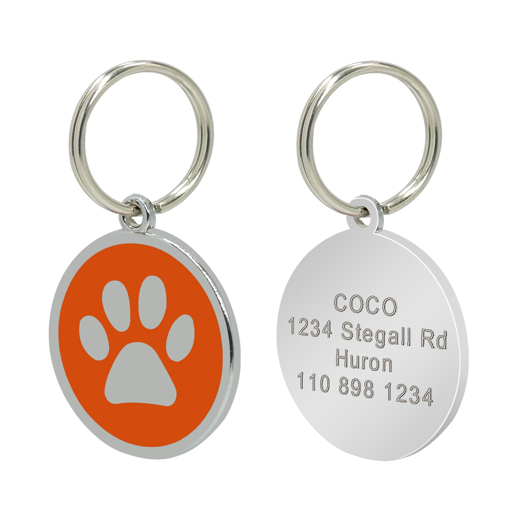 Round Personalized Pet Dog ID Tags Paw Print Disc Single Side Engraved Free Tag