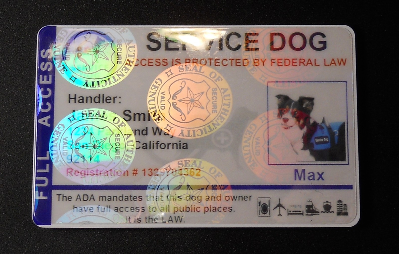 HOLOGRAPHIC SERVICE DOG ID CARD FOR SERVICE ANIMAL ADA RATED 8 BH