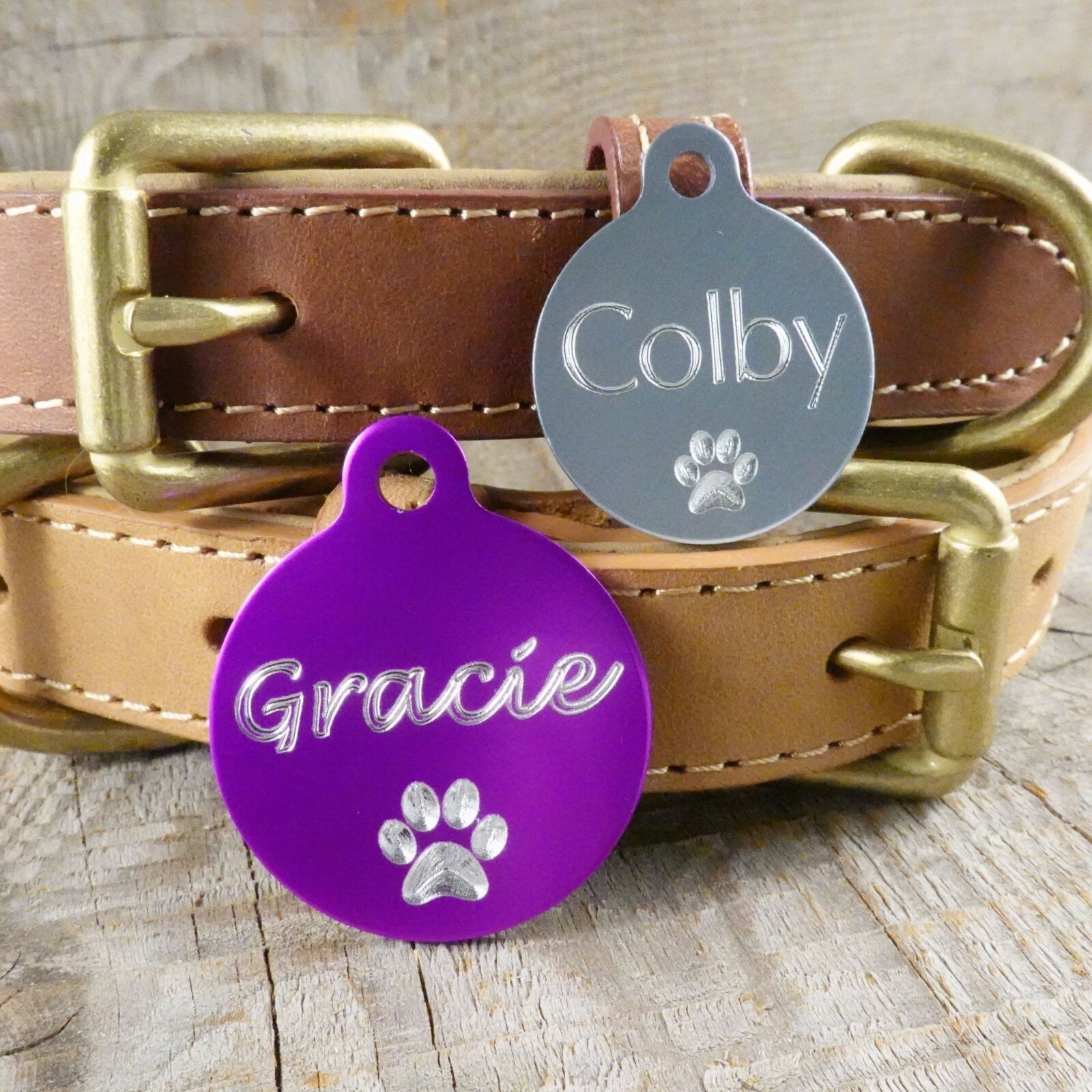 PET TAG DOG CIRCLE CUSTOM DIAMOND ENGRAVED PAW DETAILS ON BACK 2 SIZES WITH RING
