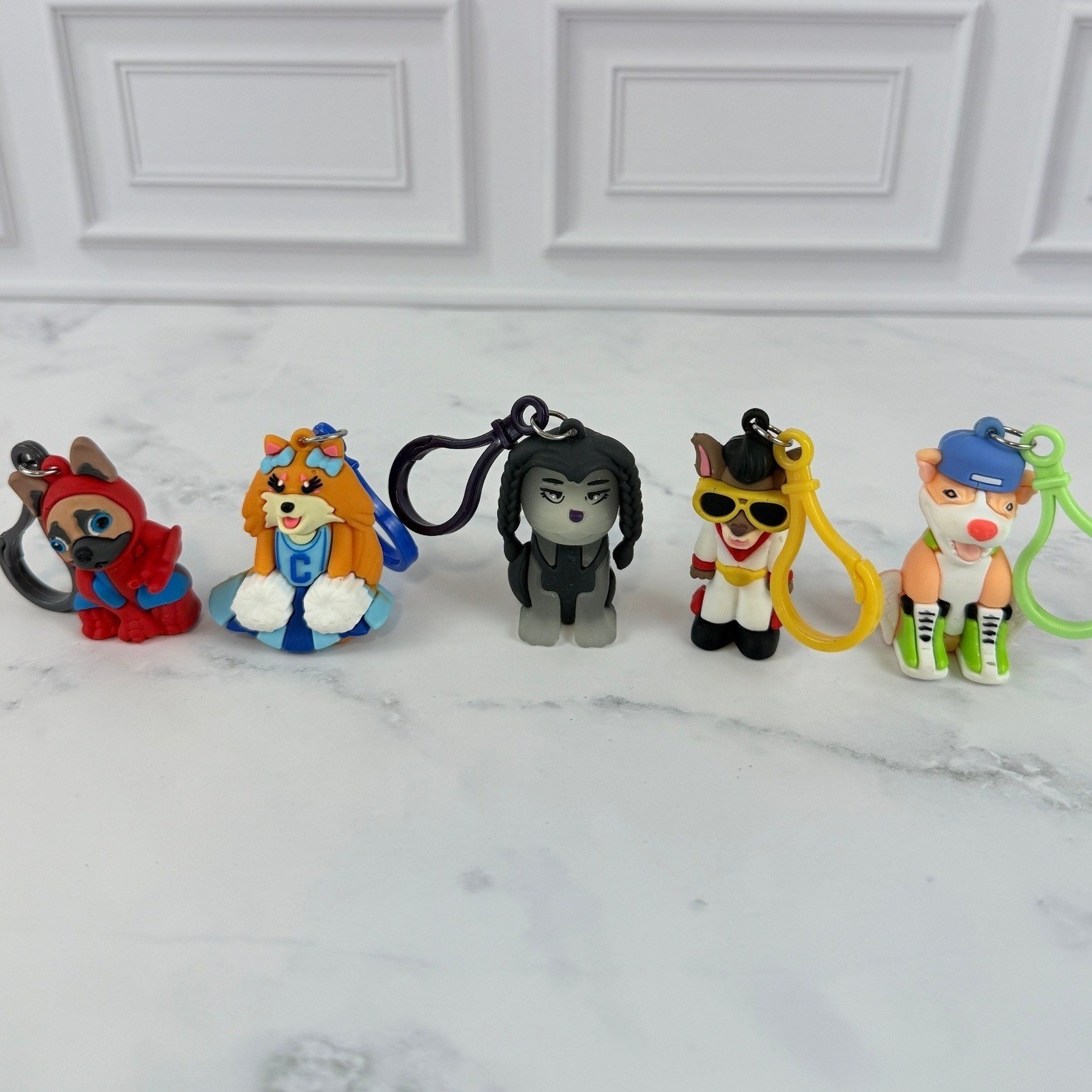 Lot of 5 Key Bag Charms Dog Designs Angel~Elvis~Wednesday~SpiderPug~Cheer