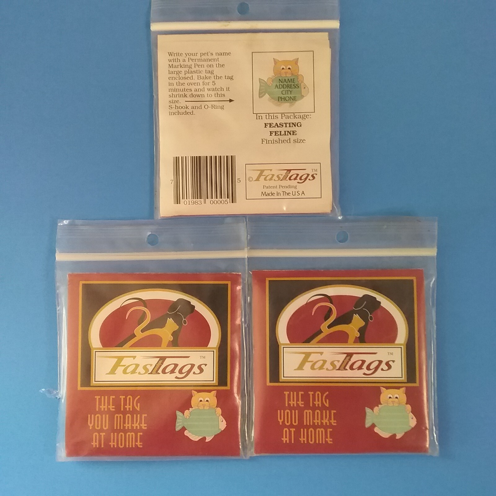 Collar ID Tags for Pets / CATS “FAST TAGS” Shrink-In-Oven Lot of 3 Cat & Fish