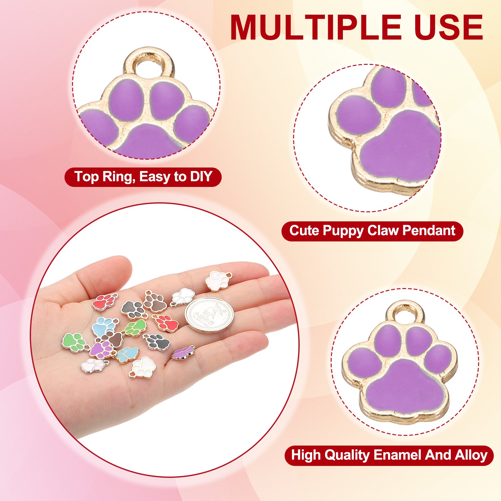 Enamel Paw Print Charm, 100Pcs Alloy Enamel Pendants , Purple/gold