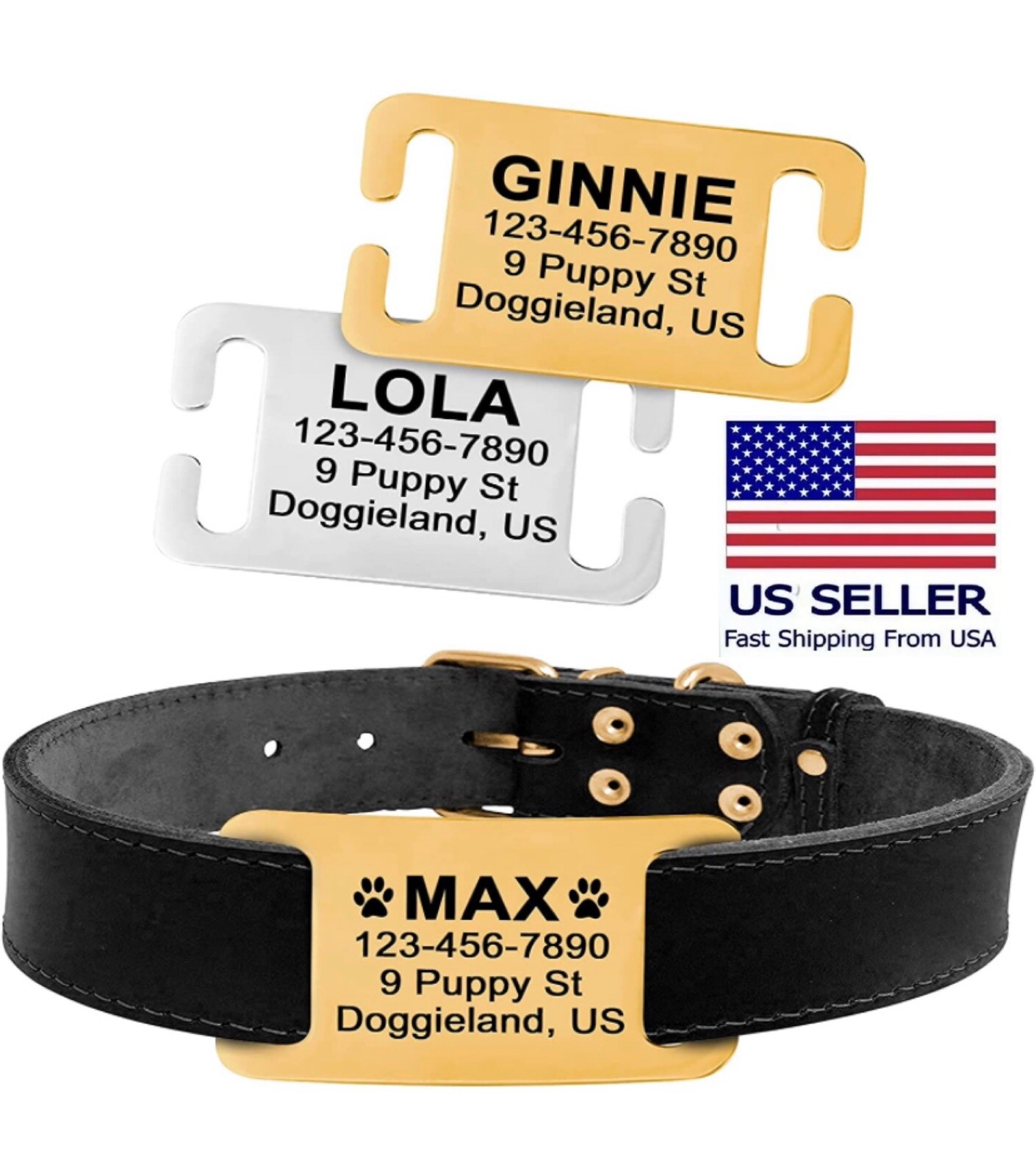 Personalized Slide On Pet ID Tags No Noise Stainless Steel Gold & Silver Collar