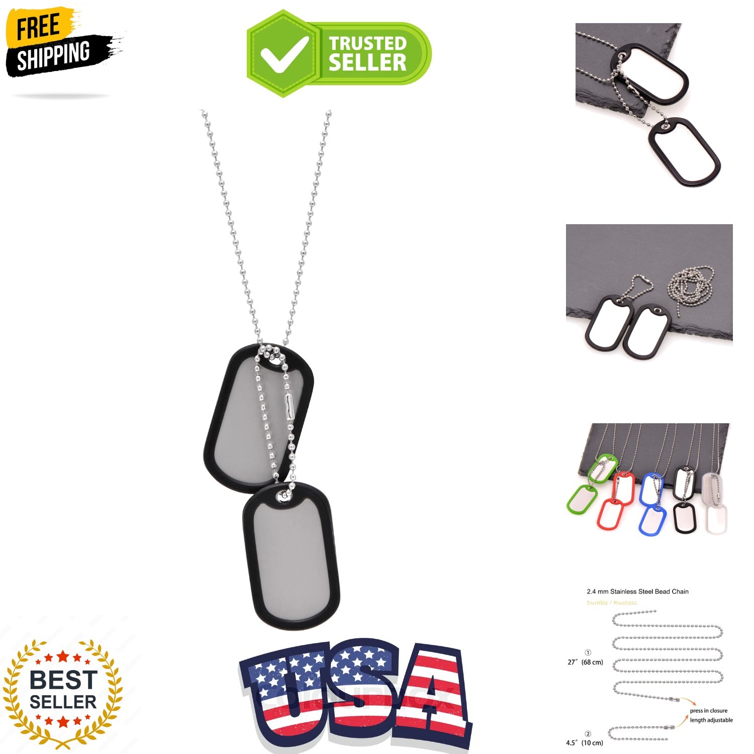 Stainless Steel Dog Tags Military Set Complete with Chains & Black Silencers