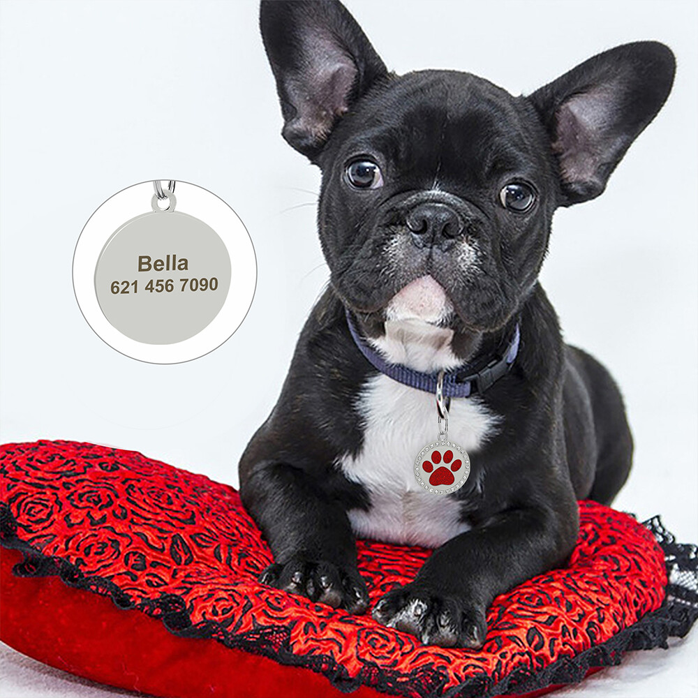 Paw Cat Dog Tags Personalized Custom Pet Name ID Engraved Rhinestone Bling Tag