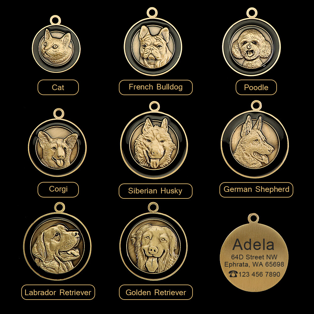 Personalized 3D Gold Dog Tag 8 Breeds Patterns Cat Bulldog Labrador Husky Poodle